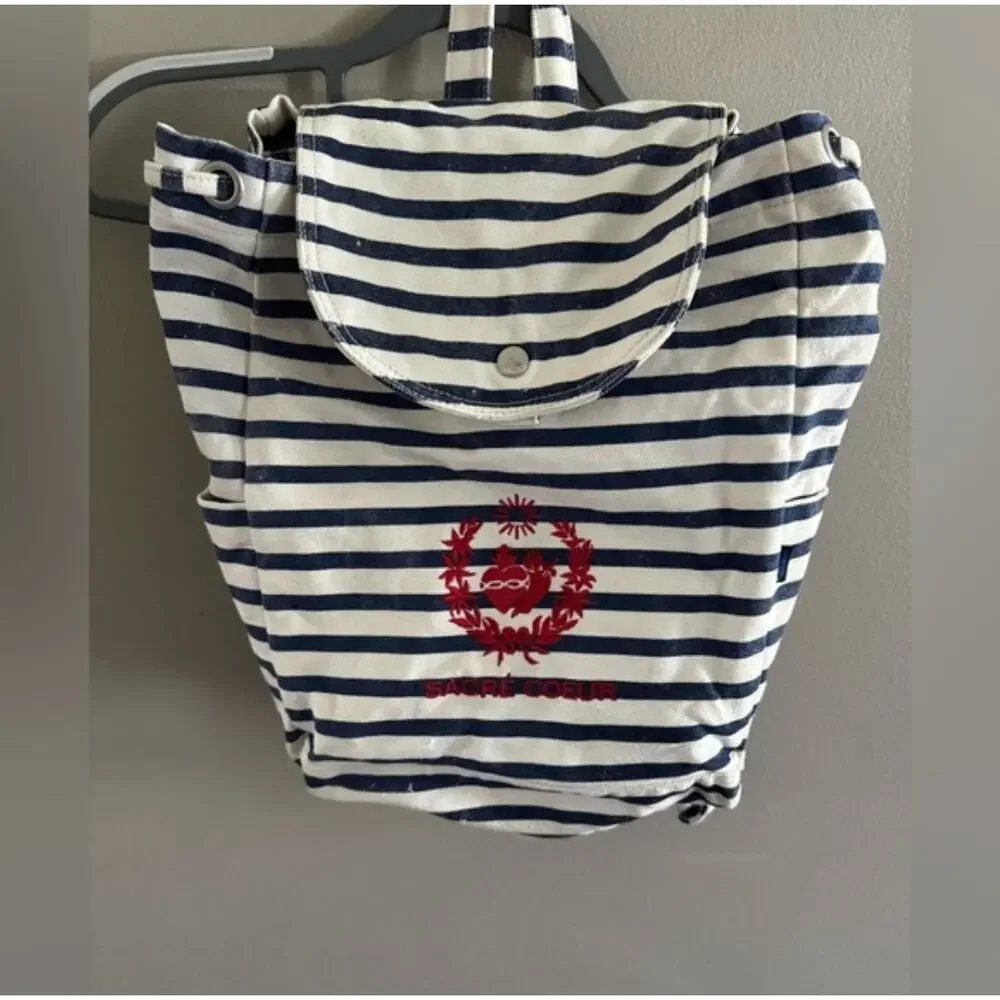 Baggu Blue White Cotton Canvas Sailor Stripe Backpack Sacre Coeur Nautical Boho